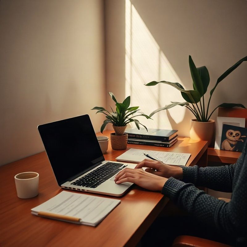 Mesa de trabalho em escritório compacto em São Paulo com laptop aberto e plano escrito à mão